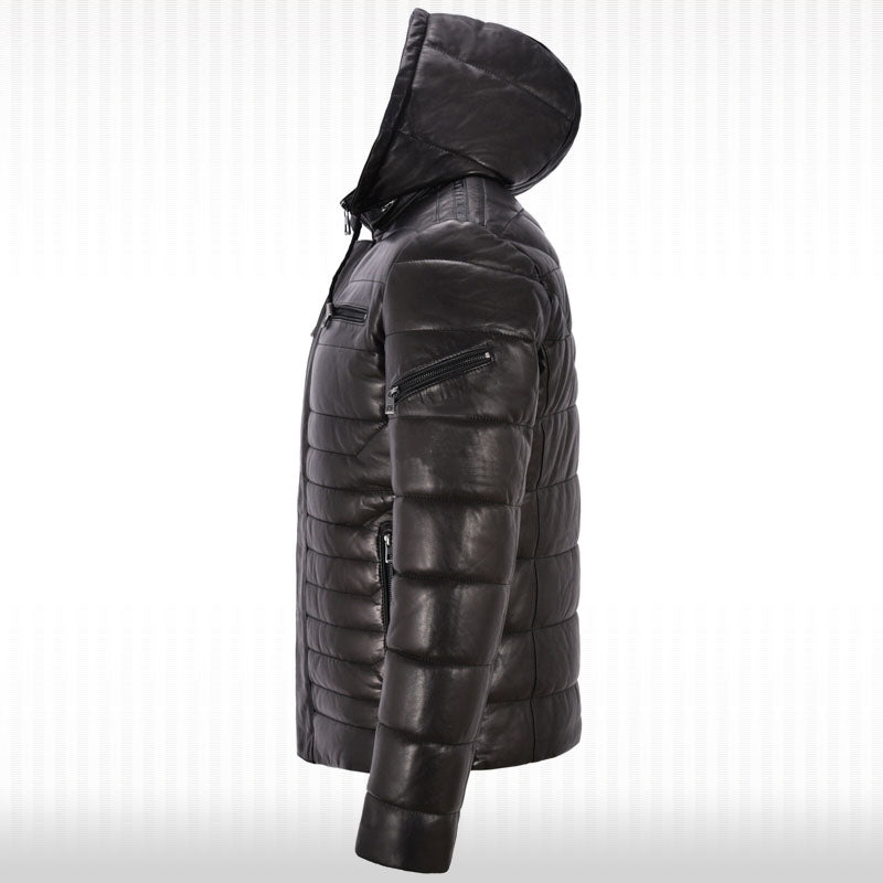 Men's Real Leather Puffer Hooded Jacket - Fully Quilted Black Hoodie - AMSEL LEATHERS