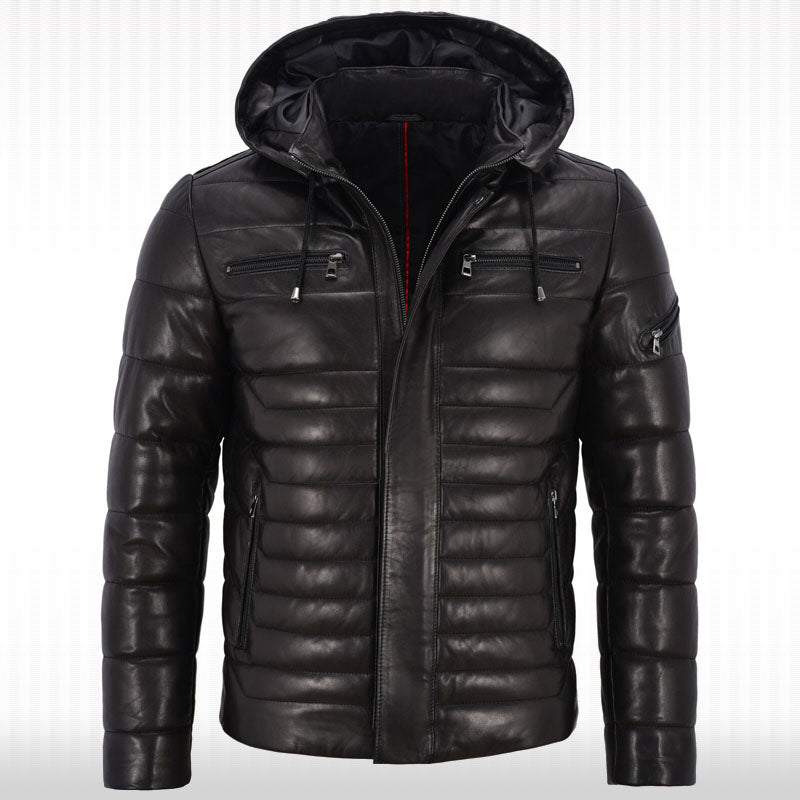 Men's Real Leather Puffer Hooded Jacket - Fully Quilted Black Hoodie - AMSEL LEATHERS