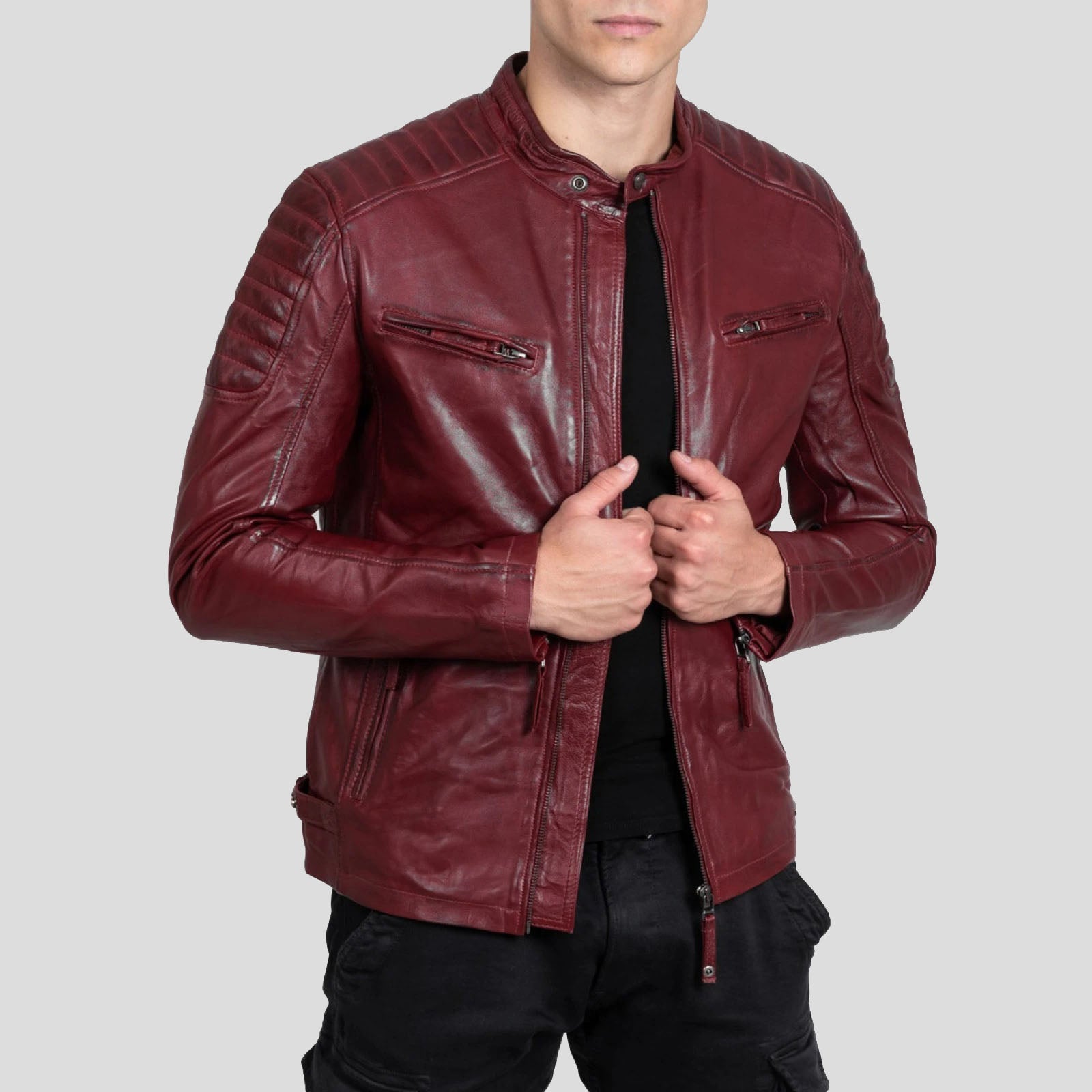 Men's Red Genuine Sheep Leather Biker Jacket - AMSEL LEATHERS