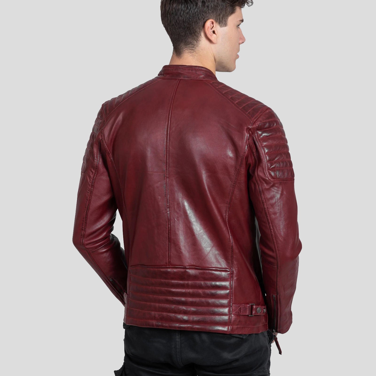 Men's Red Genuine Sheep Leather Biker Jacket - AMSEL LEATHERS