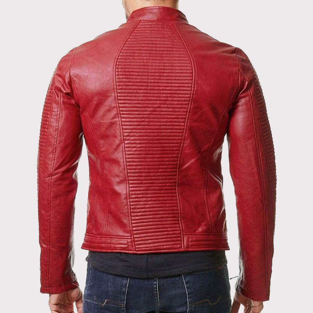 Men's Slim Fit Red Leather Biker Jacket - AMSEL LEATHERS