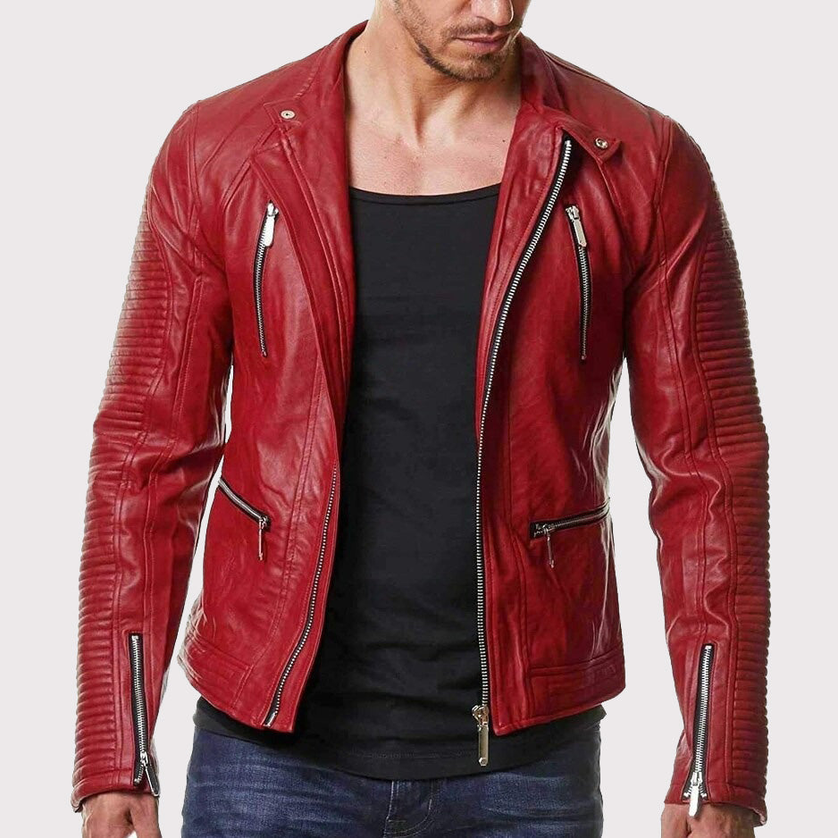 Men's Slim Fit Red Leather Biker Jacket - AMSEL LEATHERS