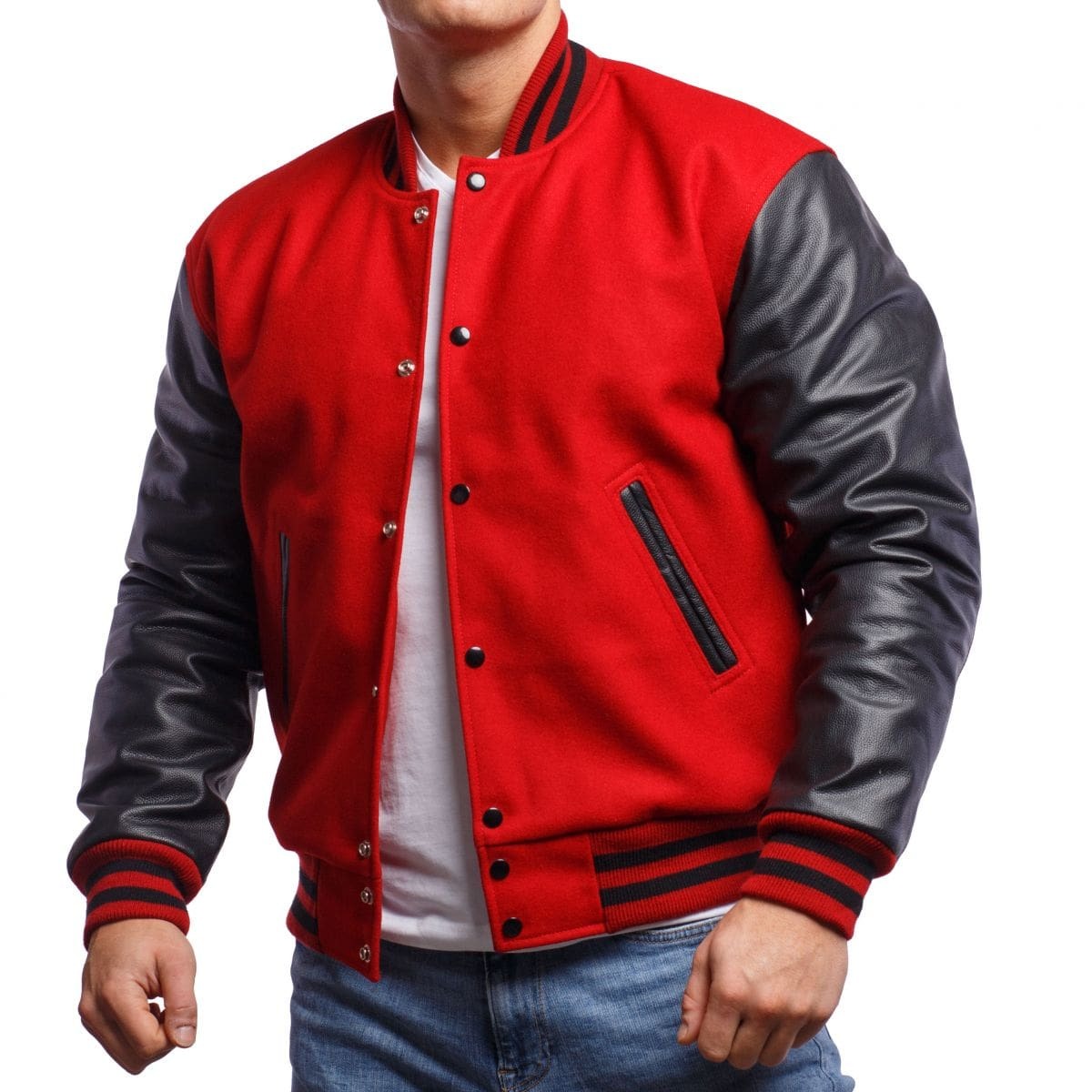 Men's Red Varsity Leather Jacket with Black Sleeves - AMSEL LEATHERS