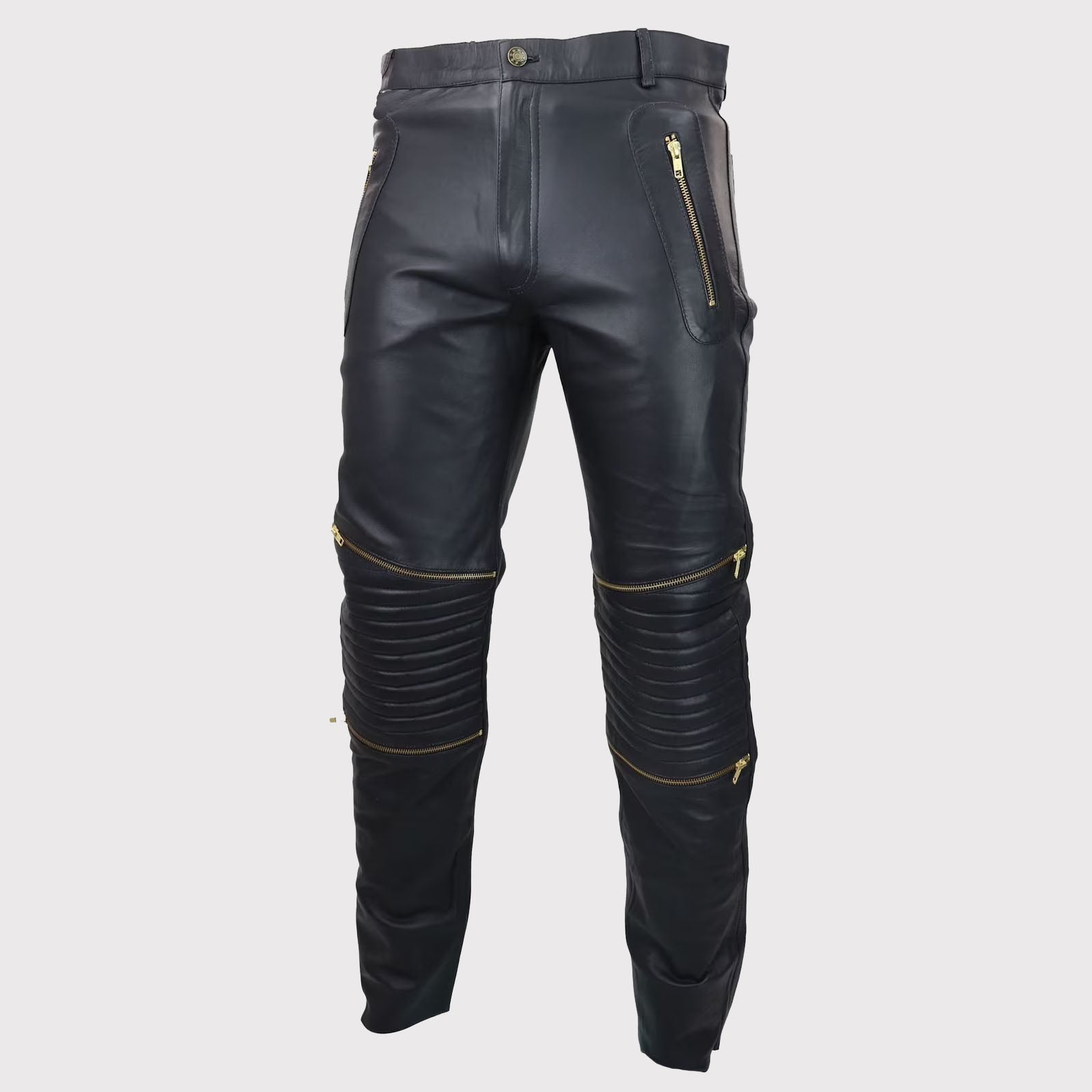 Men's Retro Classic Vintage Black Leather Jeans with Gold Zips - Goth Punk Style - AMSEL LEATHERS