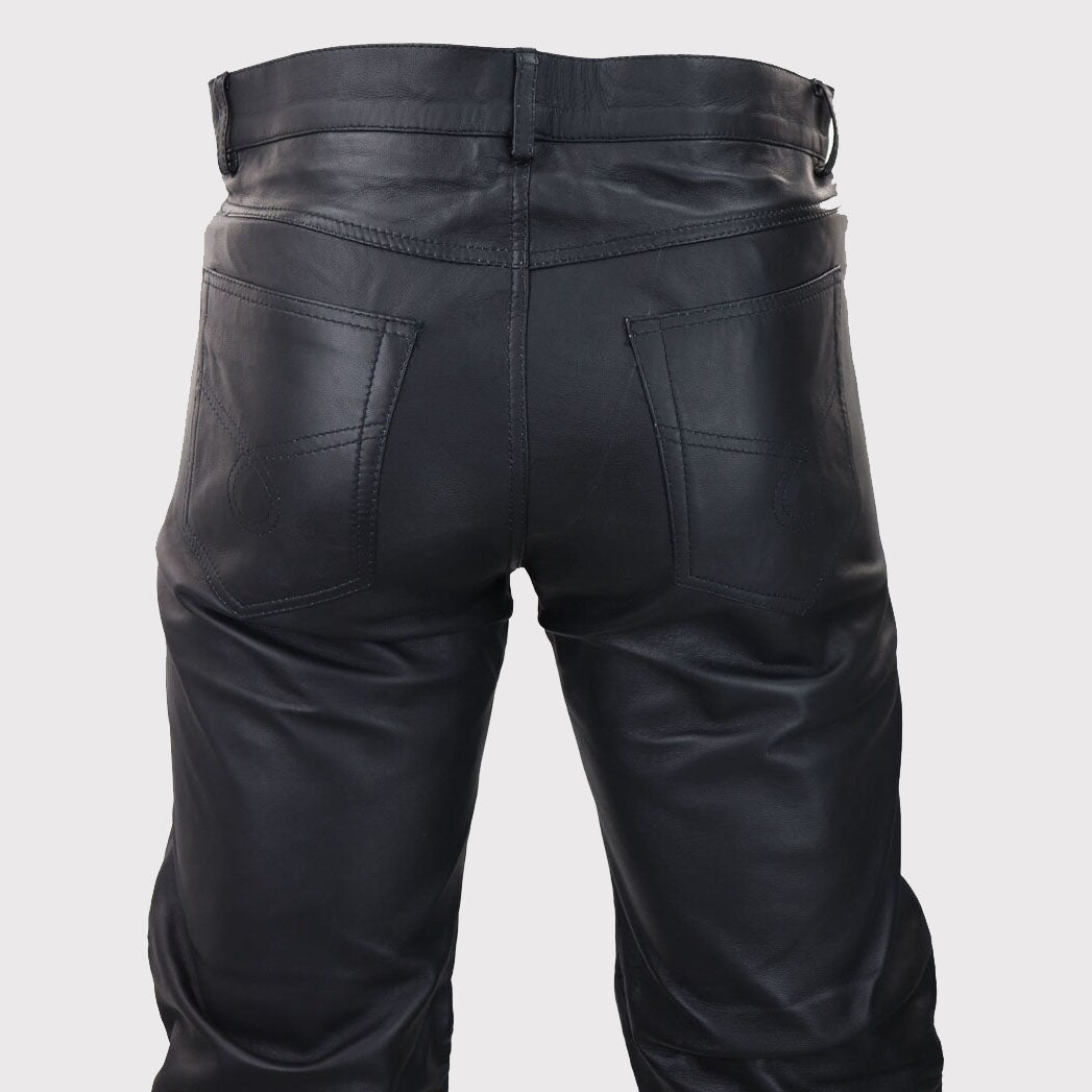 Men's Retro Classic Vintage Black Leather Jeans with Gold Zips - Goth Punk Style - AMSEL LEATHERS