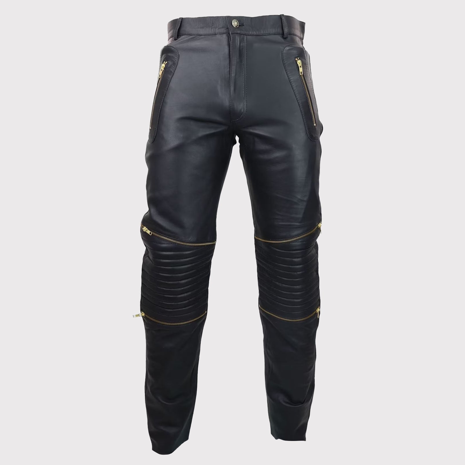 Men's Retro Classic Vintage Black Leather Jeans with Gold Zips - Goth Punk Style - AMSEL LEATHERS