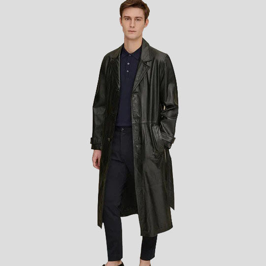 Men's Retro Leather Vintage Long Trench Coat - AMSEL LEATHERS