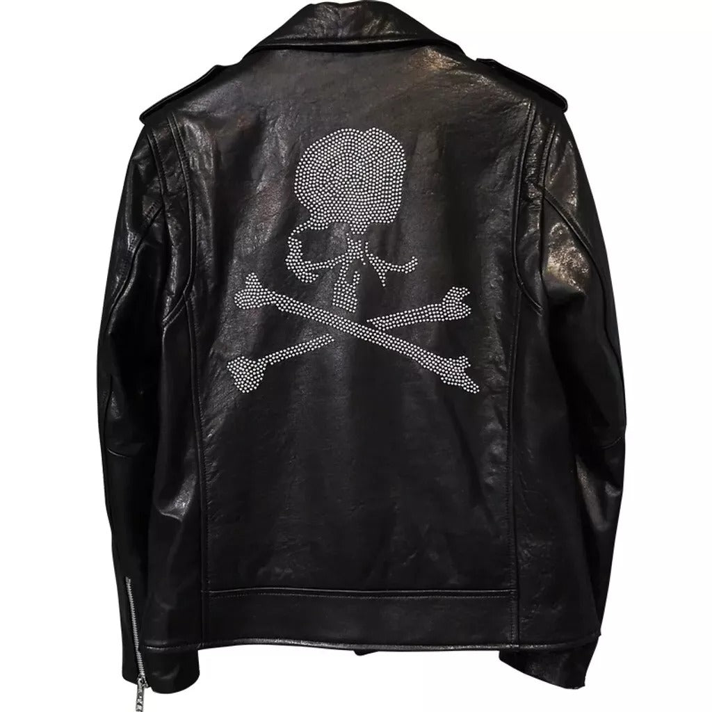 Men's Rhinestone Skull Leather Biker Jacket - AMSEL LEATHERS