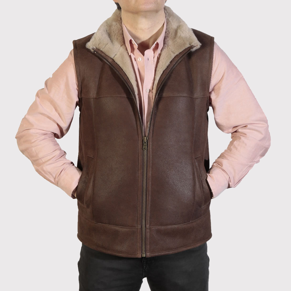 Men's Rich Brown Nappa Lamb Sheepskin Gilet - AMSEL LEATHERS