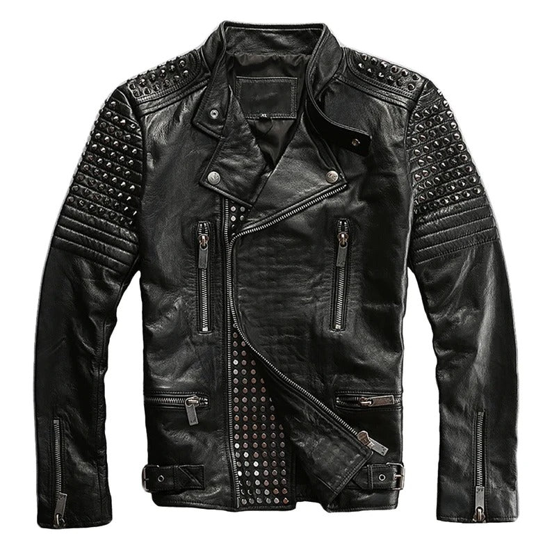 Men's Rock Punk Black Studded Metal Spiked Motorcycle Leather Jacket - AMSEL LEATHERS