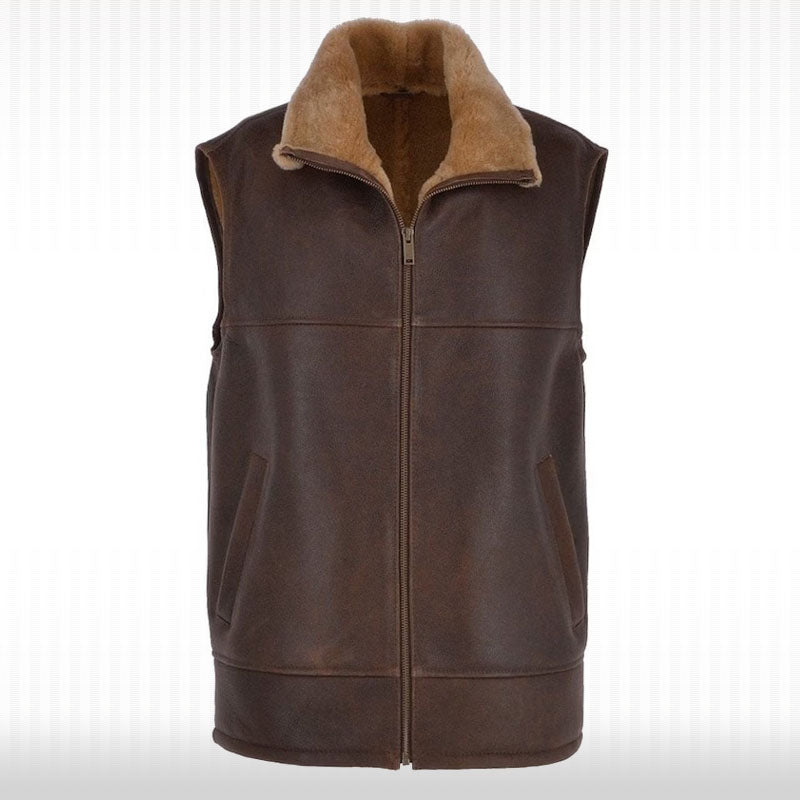 Men's Shearling Fur Flight Pilot Vest - WW2 Sheepskin Leather Gilet - AMSEL LEATHERS