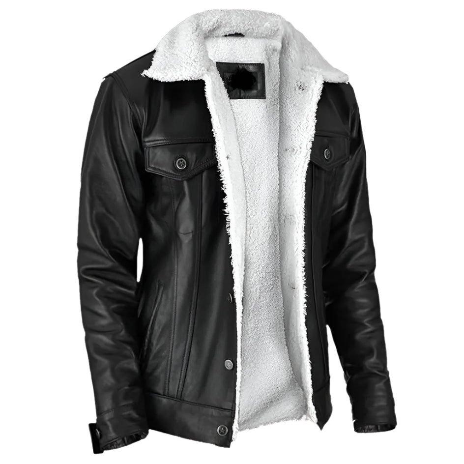 Men's Shearling Leather Aviator Jacket in Black Amsel Leathers