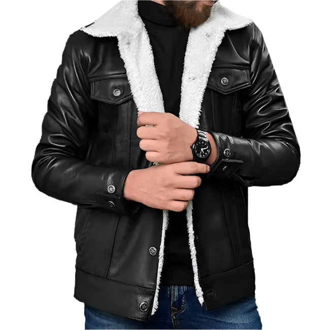 Men's Shearling Leather Aviator Jacket in Black Amsel Leathers