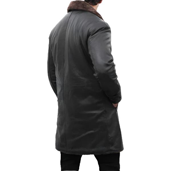 Mens Shearling Lined Black Leather Trench Coat - AMSEL LEATHERS