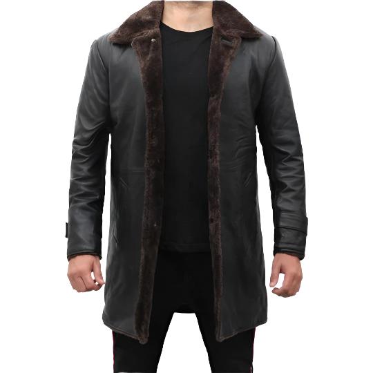 Mens Shearling Lined Black Leather Trench Coat - AMSEL LEATHERS