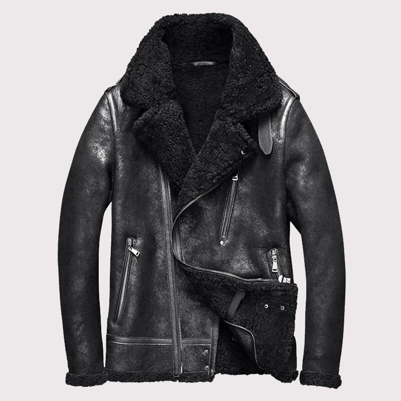 Men's Shearling Notched Collar Sheepskin Leather Jacket - AMSEL LEATHERS