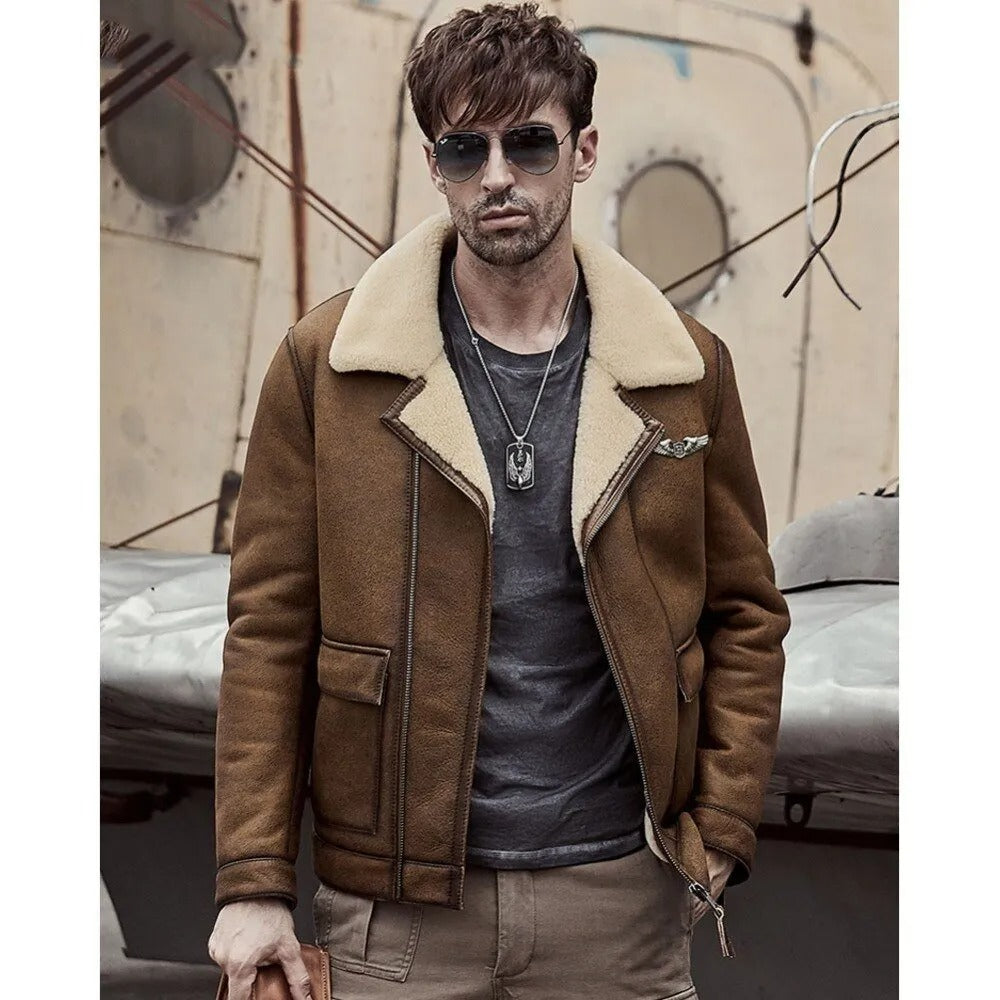 Men's Sheepskin B-6 Shearling Bomber Jacket - Aviator Fur Coat - AMSEL LEATHERS