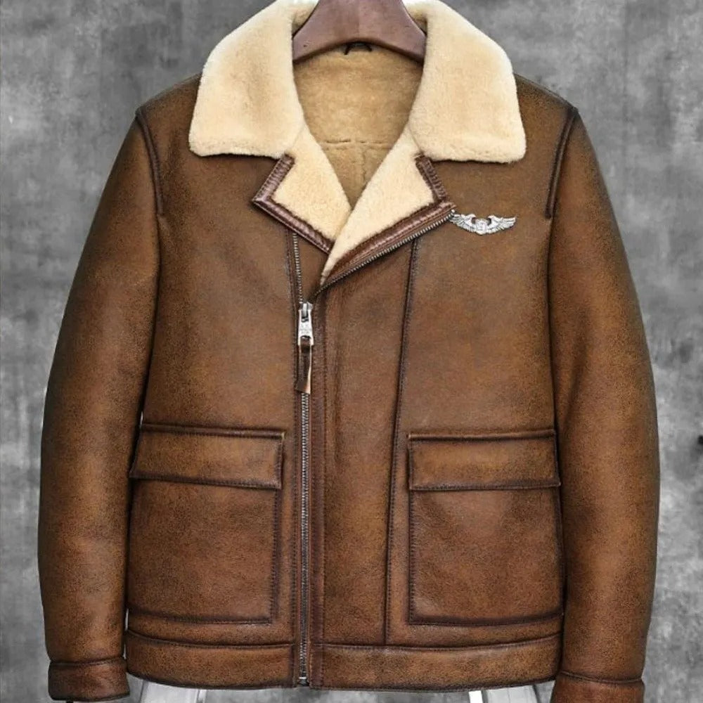 Men's Sheepskin B-6 Shearling Bomber Jacket - Aviator Fur Coat - AMSEL LEATHERS