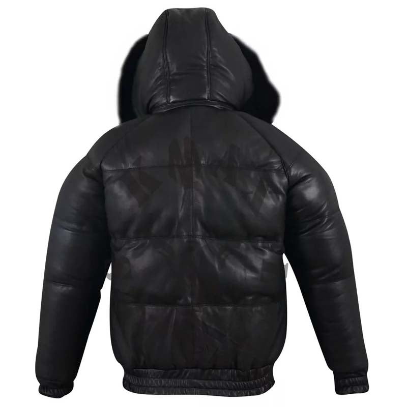 Men's Puffer Bomber Sheepskin Leather Jacket with Removable Raccoon Fur Collar & Hood - AMSEL LEATHERS