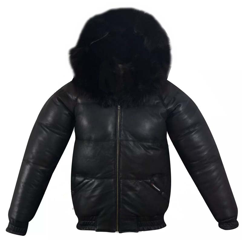 Men's Puffer Bomber Sheepskin Leather Jacket with Removable Raccoon Fur Collar & Hood - AMSEL LEATHERS