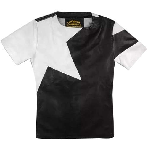 Men’s Black & White Sheepskin Leather T-Shirt with Star Design - AMSEL LEATHERS