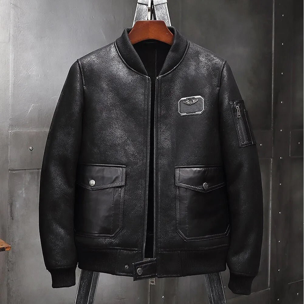 Men's Sheepskin Shearling Motorcycle Jacket - A2 Airforce Flight Style - AMSEL LEATHERS