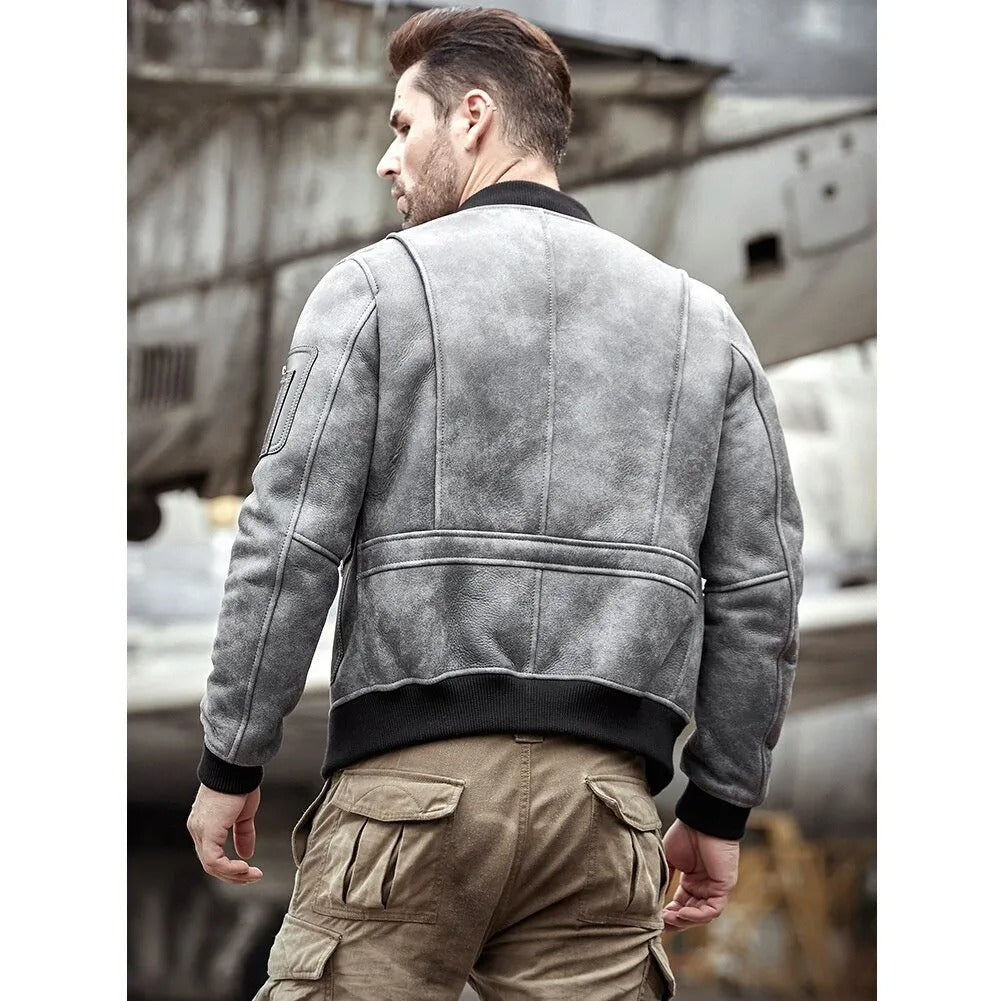 Men's Sheepskin Shearling Motorcycle Jacket - A2 Airforce Flight Style - AMSEL LEATHERS