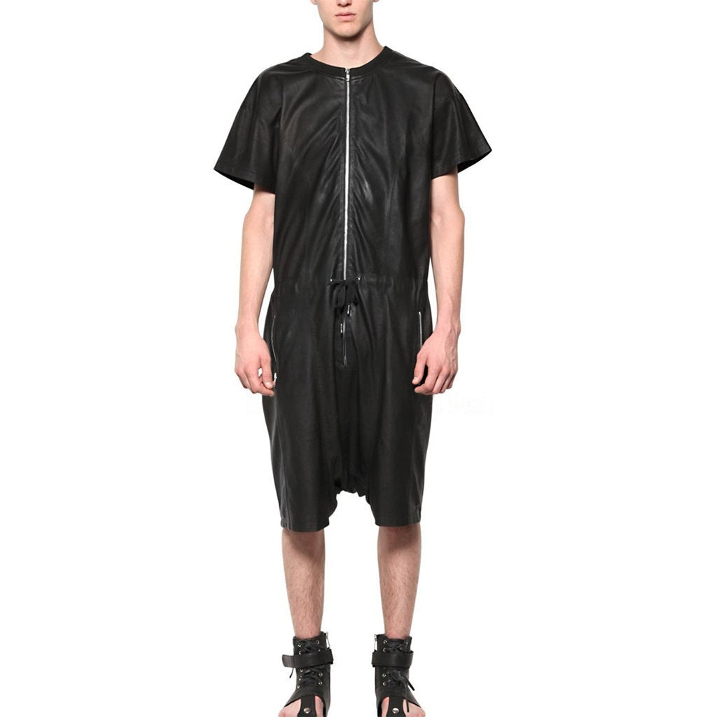 Men's Short Sleeve Leather Zippered Jumpsuit - AMSEL LEATHERS