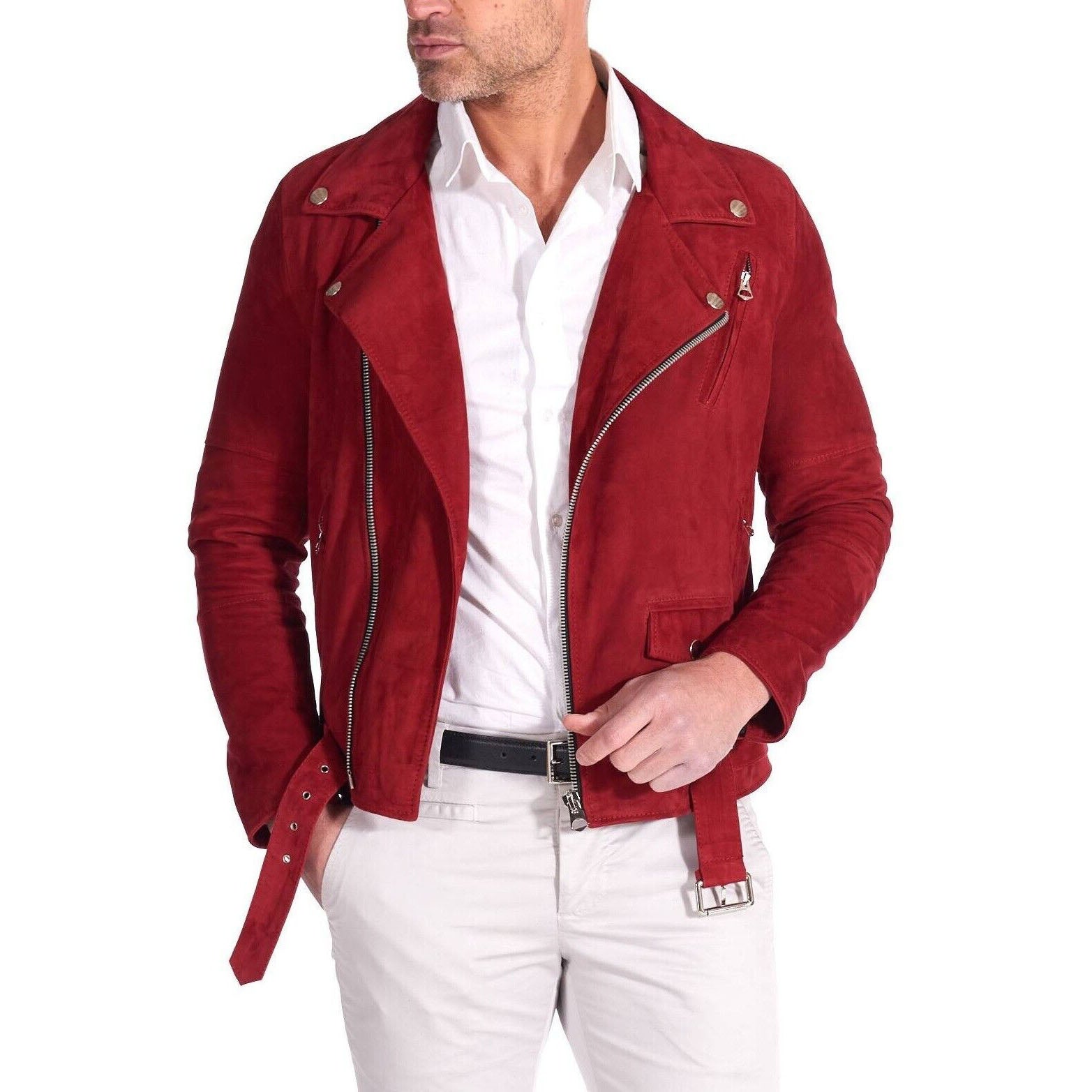 Men's Slim Fit Red Suede Leather Motorcycle Biker Jacket - AMSEL LEATHERS