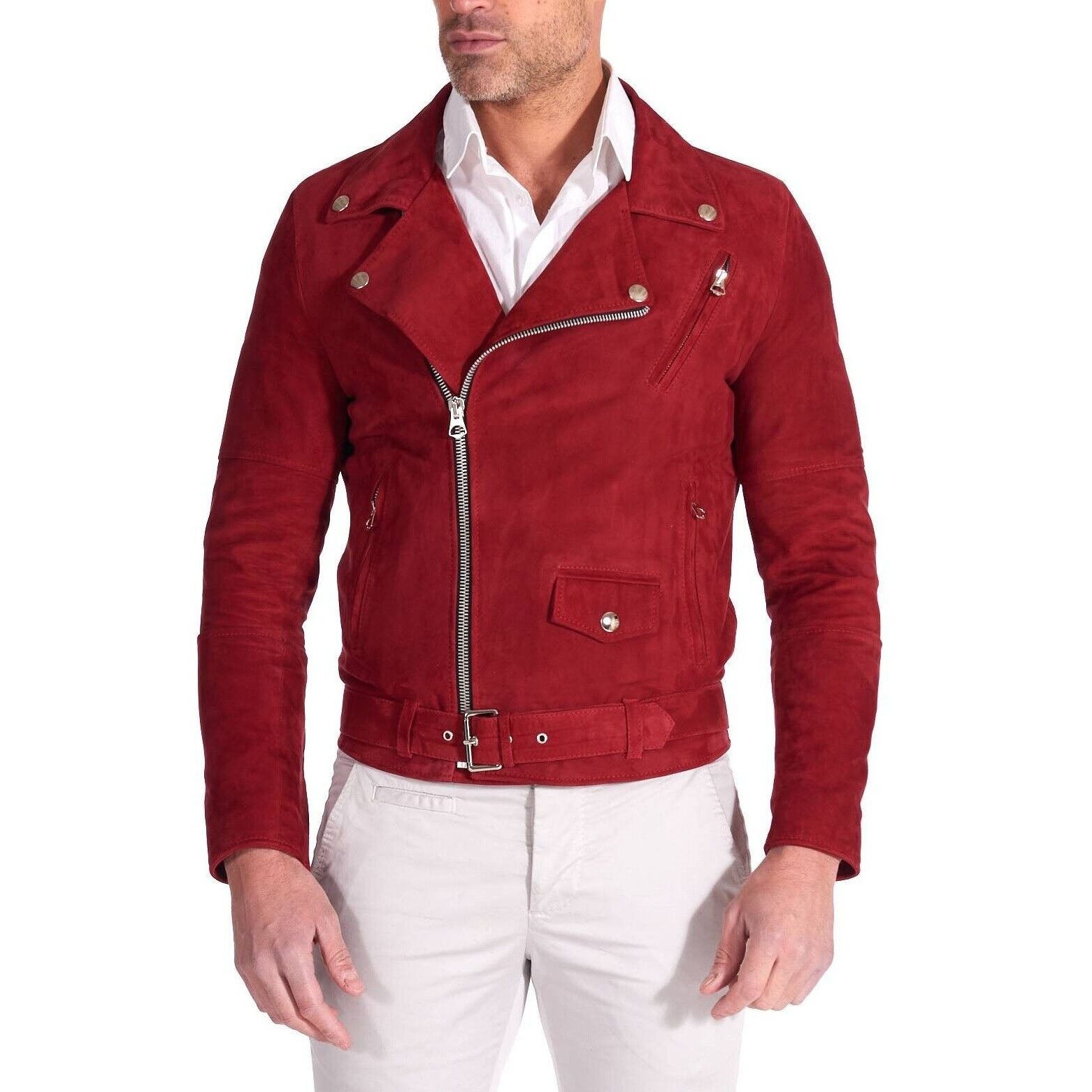 Men's Slim Fit Red Suede Leather Motorcycle Biker Jacket - AMSEL LEATHERS