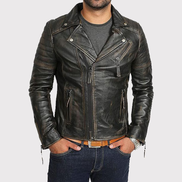 Men's Slim Fit Vintage Black Leather Biker Jacket - AMSEL LEATHERS