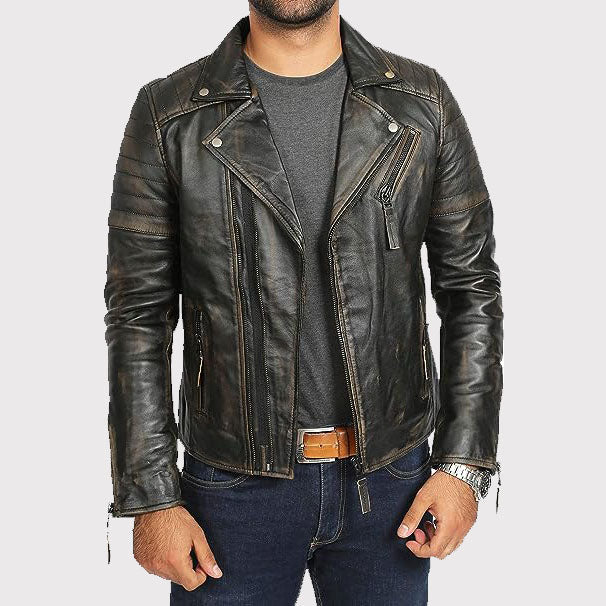 Men's Slim Fit Vintage Black Leather Biker Jacket - AMSEL LEATHERS