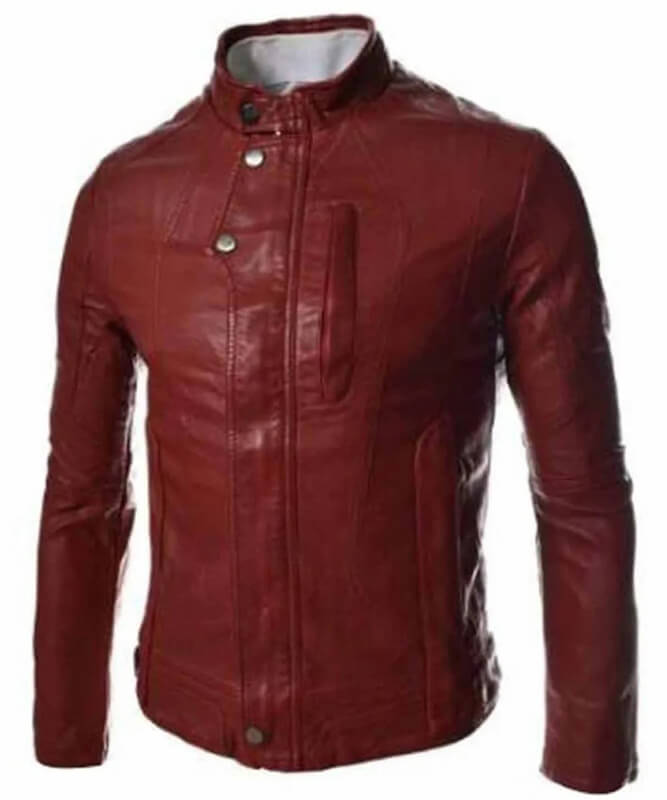 Men’s Casual Slim Fit Snap Tab Collar Red Faux Leather Jacket - AMSEL LEATHERS