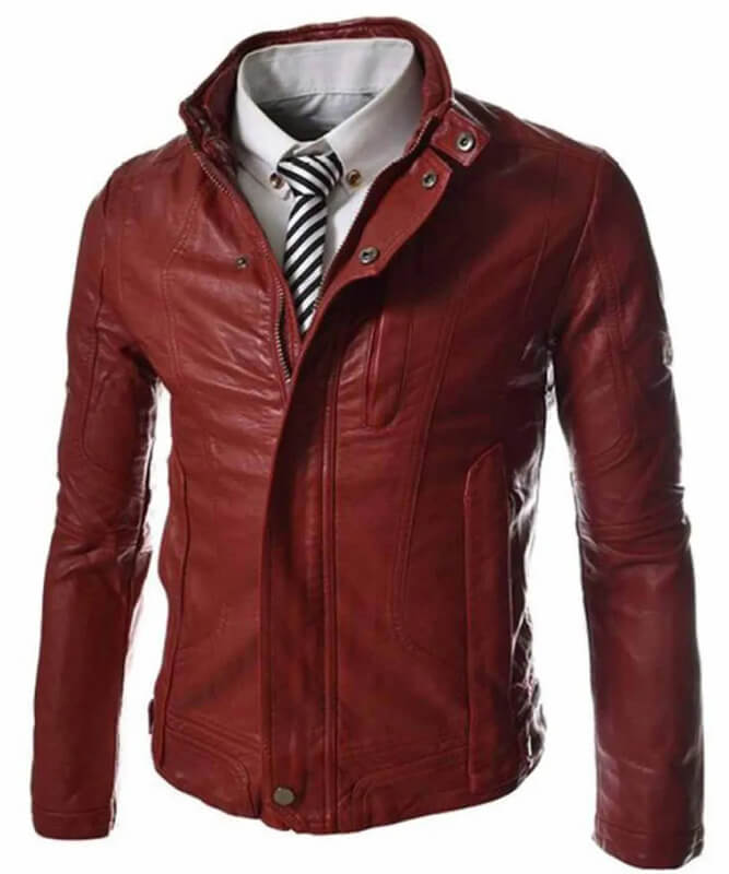 Men’s Casual Slim Fit Snap Tab Collar Red Faux Leather Jacket - AMSEL LEATHERS