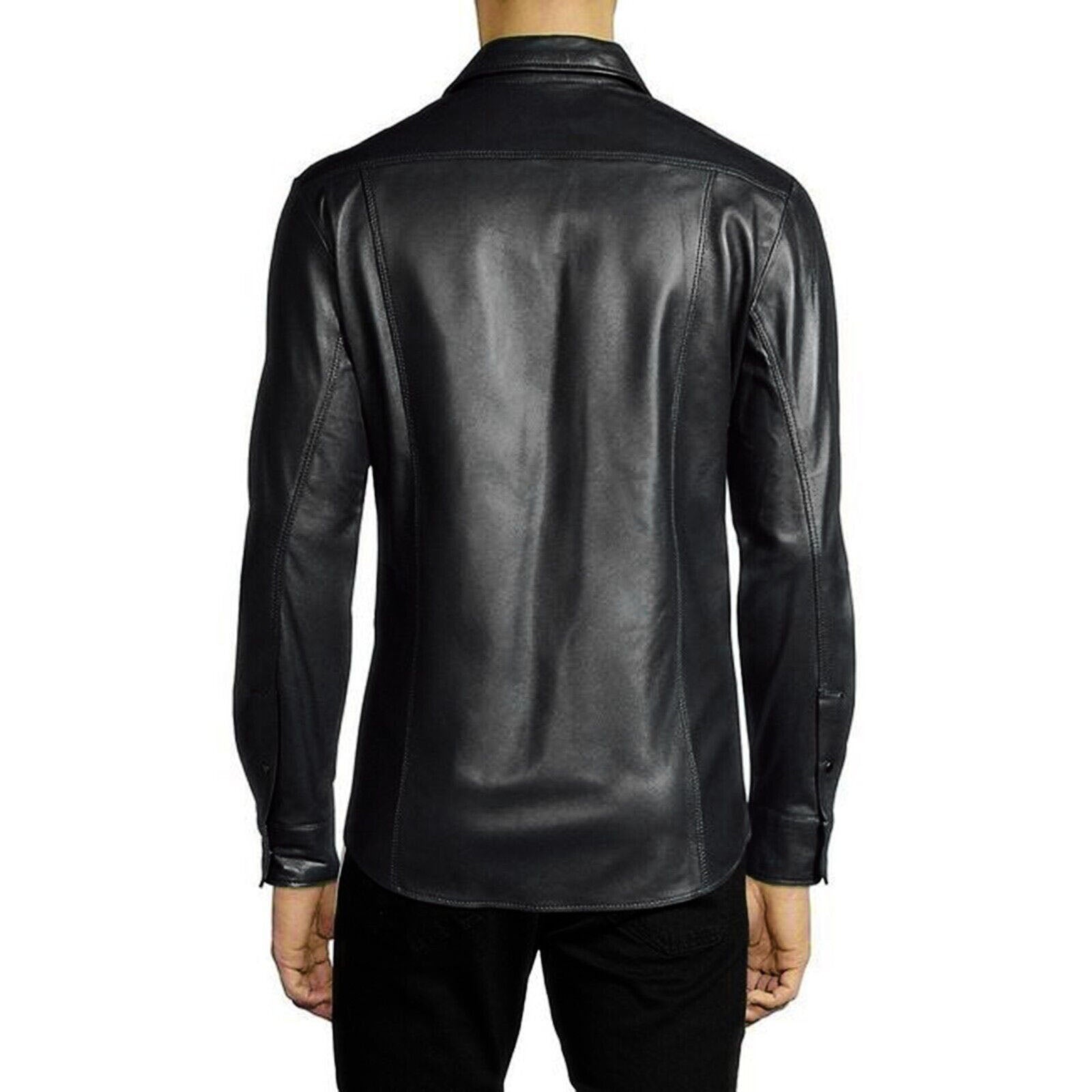 Men's Soft Real Leather Slim Fit Button-Up Shirt with Full Sleeves - AMSEL LEATHERS