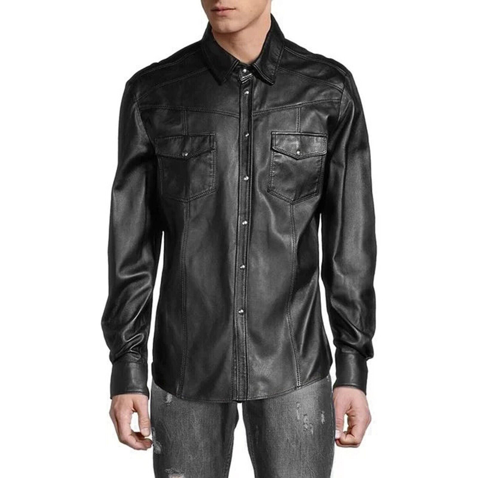 Men's Soft Real Leather Slim Fit Button-Up Shirt with Full Sleeves - AMSEL LEATHERS