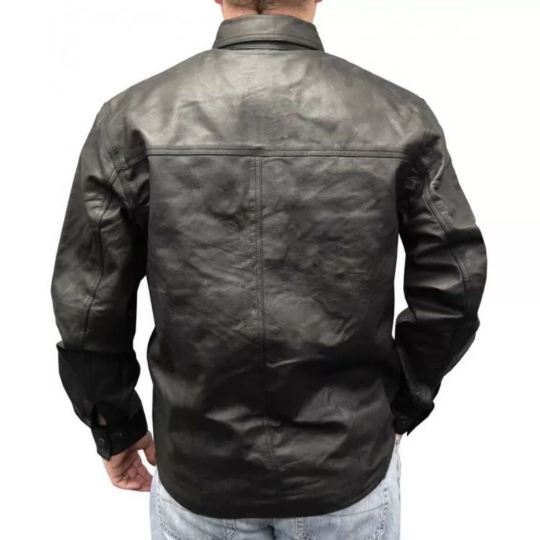 Men's Sophisticated Look Real Sheepskin Black Leather Shirt - AMSEL LEATHERS