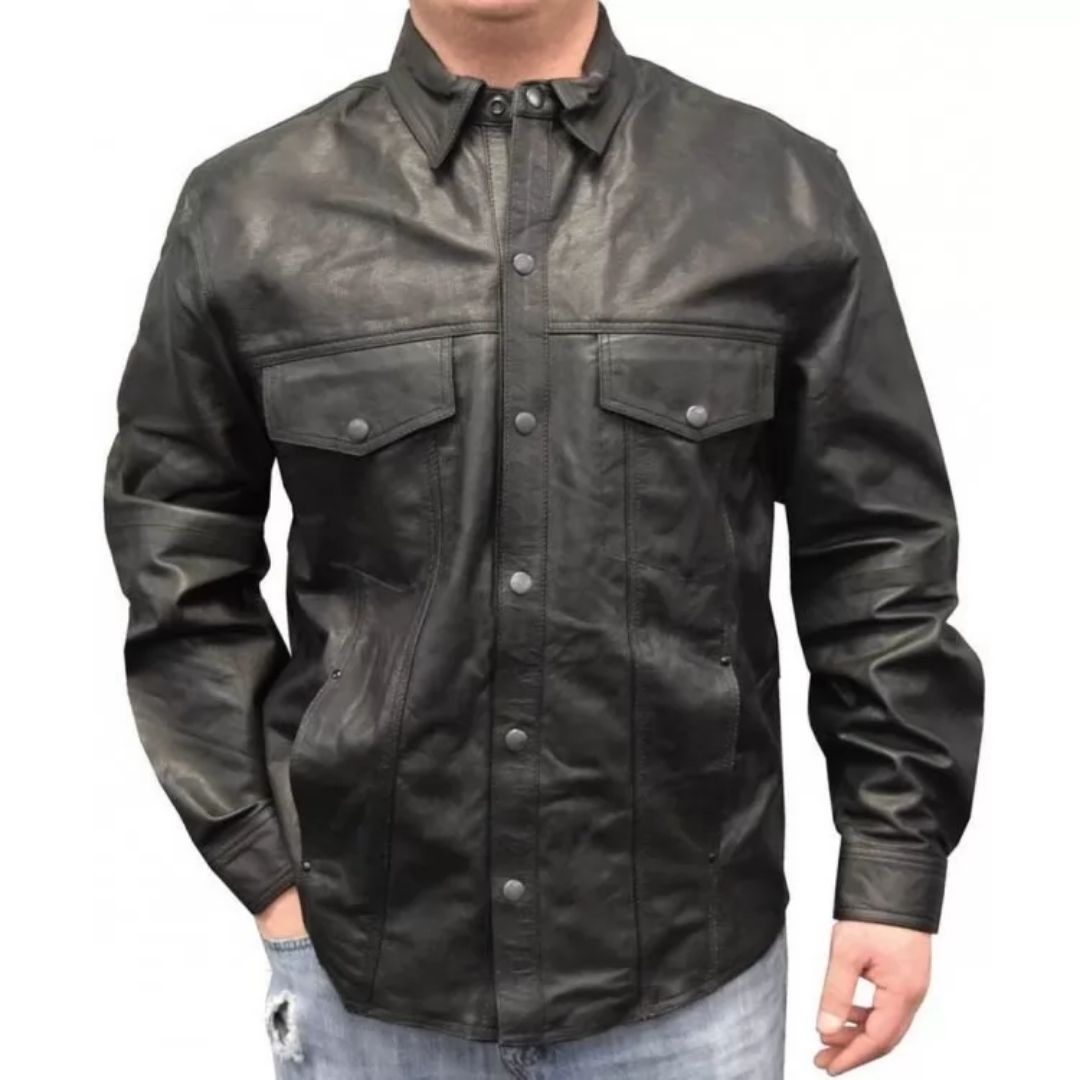 Men's Sophisticated Look Real Sheepskin Black Leather Shirt - AMSEL LEATHERS