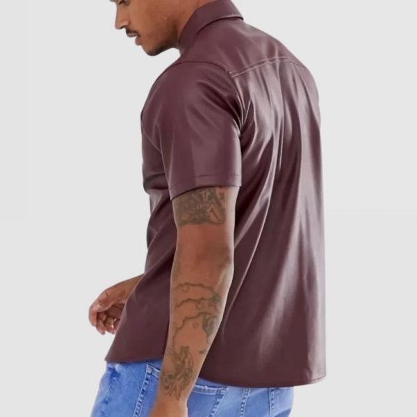 Men's Street Style Short Sleeve Real Sheepskin Burgundy Leather Shirt - AMSEL LEATHERS