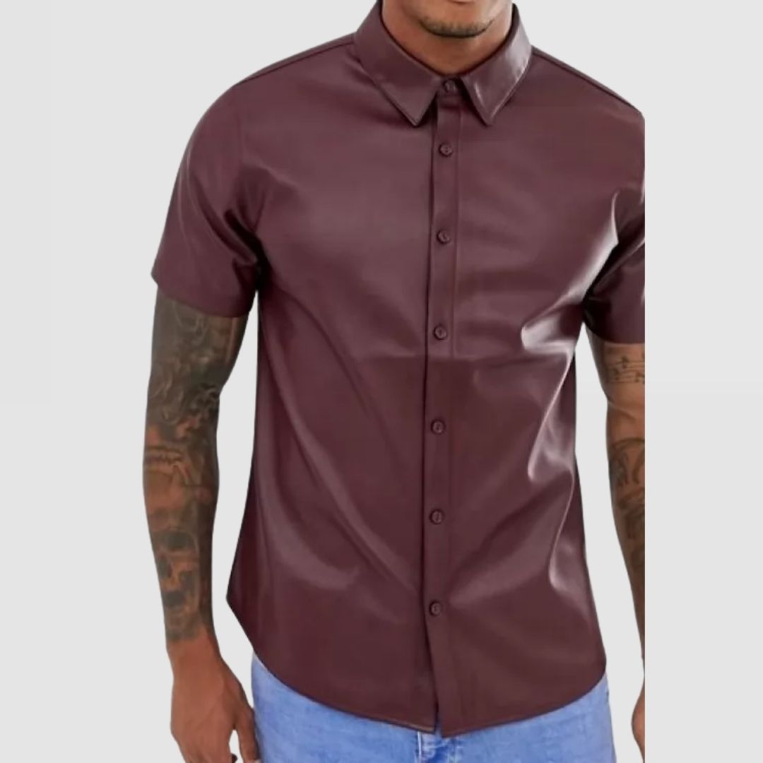 Men's Street Style Short Sleeve Real Sheepskin Burgundy Leather Shirt - AMSEL LEATHERS