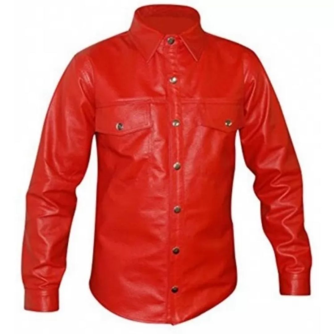 Men's Striking Look Real Sheepskin Red Leather Shirt - AMSEL LEATHERS