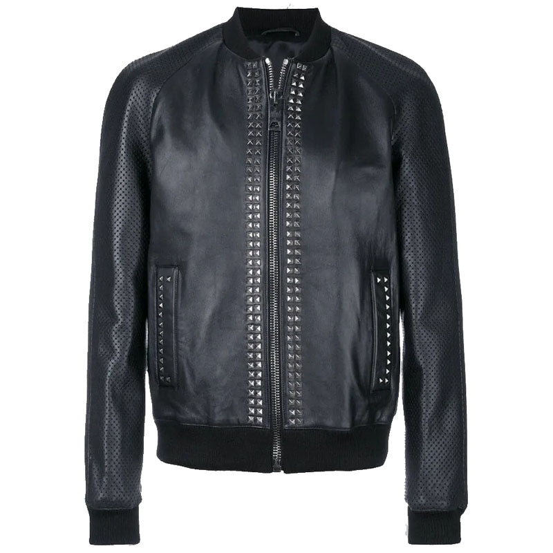 Men's Studded Bomber Designer Leather Jacket - AMSEL LEATHERS