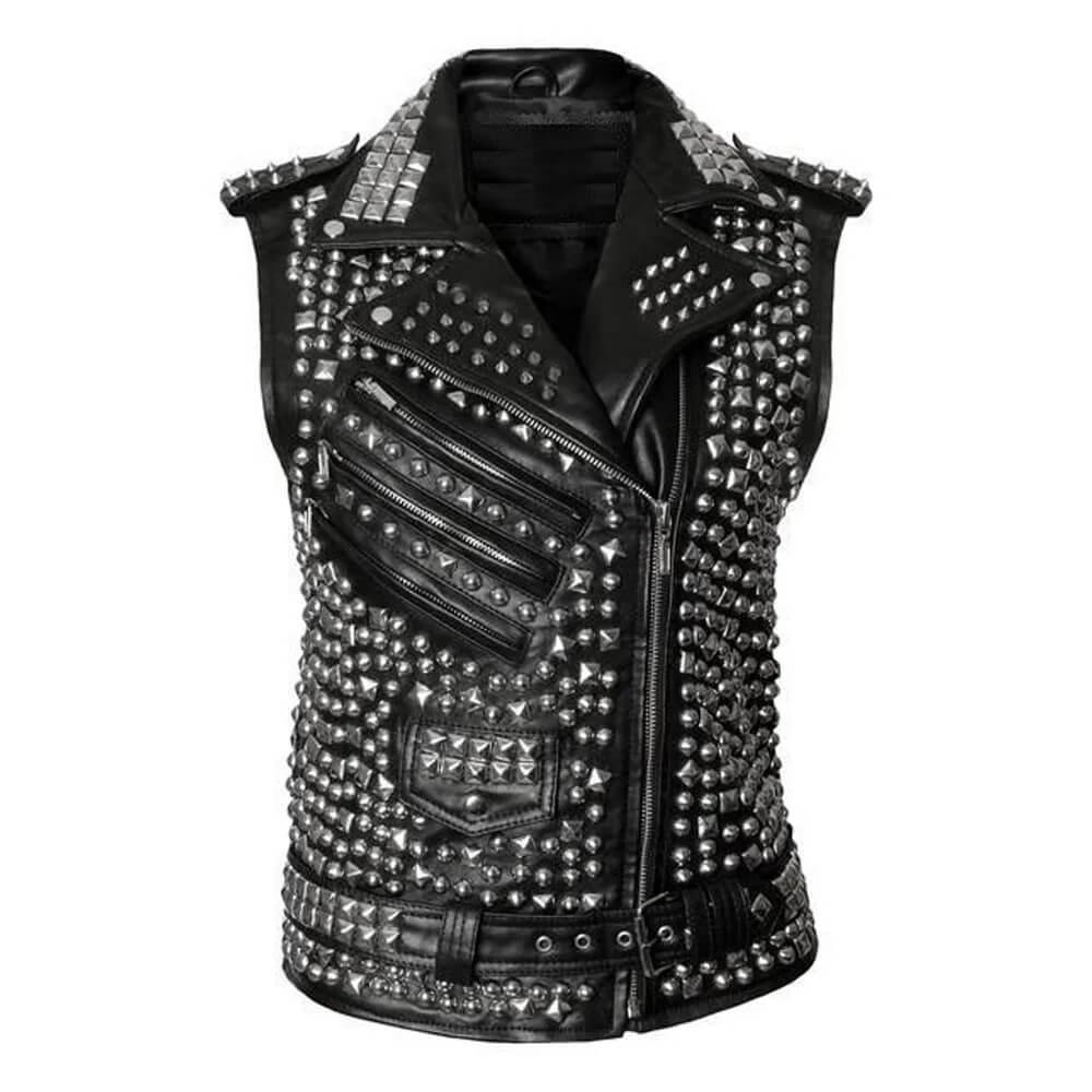 Men's Studded Brando Biker Leather Vest with Silver Studs - AMSEL LEATHERS