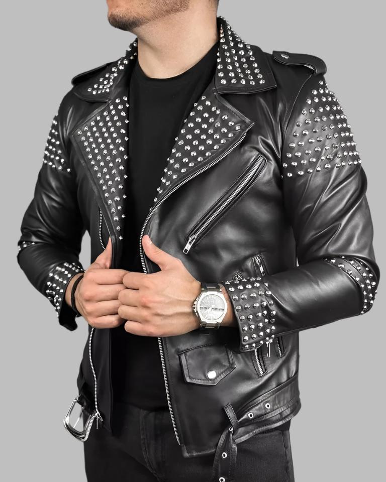 Men's Studded Leather Jacket - Motorcycle Genuine Cowhide Leather Jacket - AMSEL LEATHERS