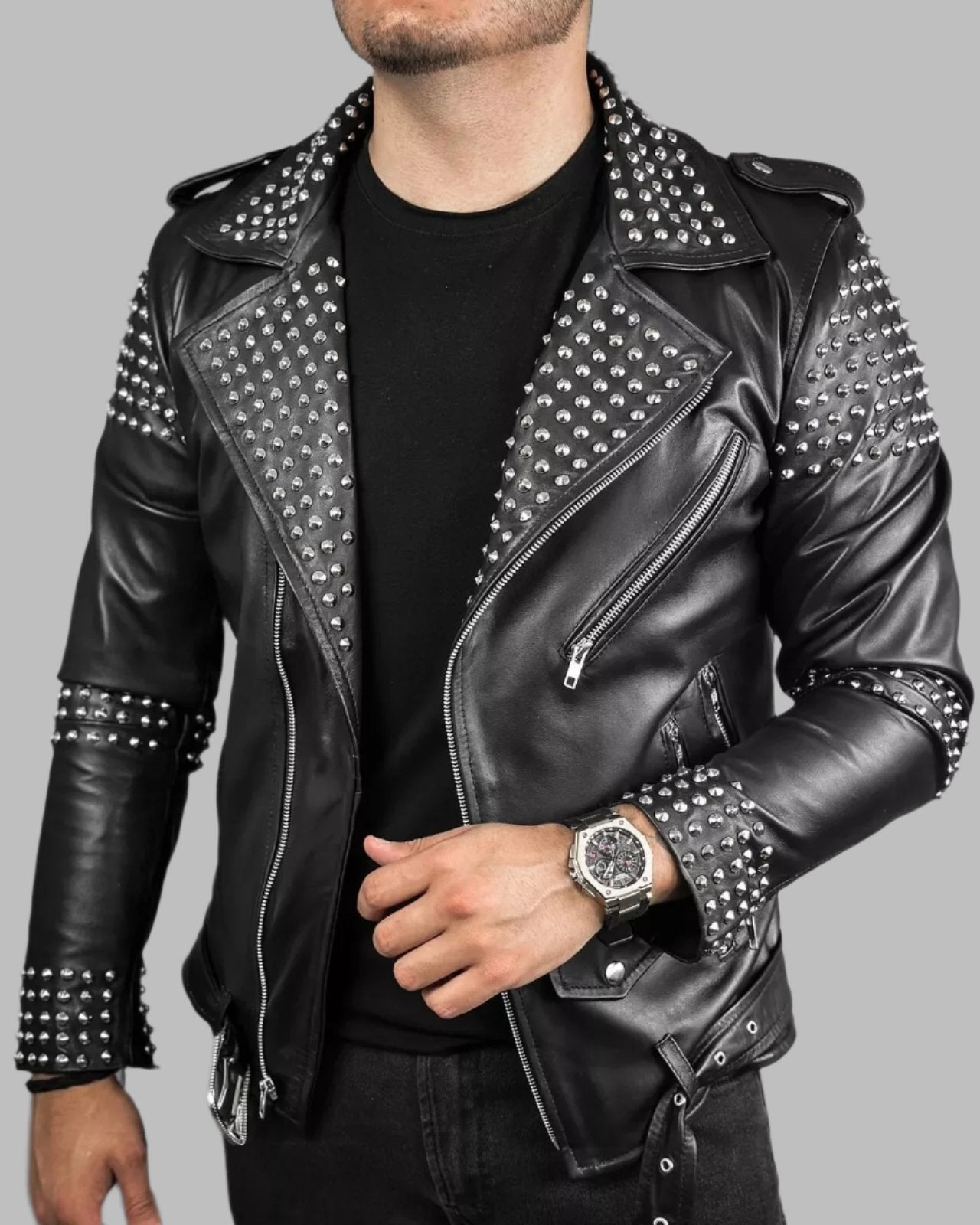 Men's Studded Leather Jacket - Motorcycle Genuine Cowhide Leather Jacket - AMSEL LEATHERS