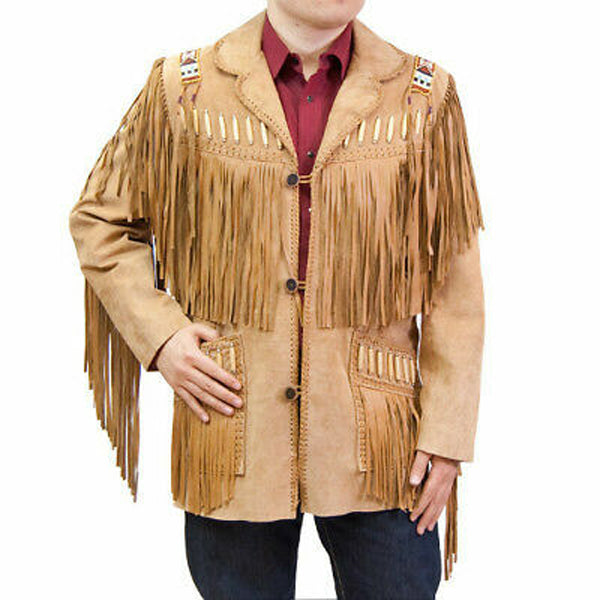 Men's Suede Leather Cowboy Jacket with Fringed and Beaded Western Coat - AMSEL LEATHERS