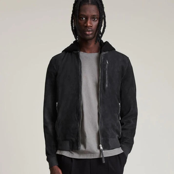 Men's Suede Leather Hooded Bomber Jacket - AMSEL LEATHERS