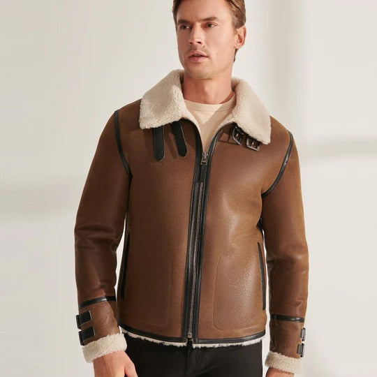 Men's B3 RAF Tan Brown Shearling Aviator Leather Jacket - AMSEL LEATHERS