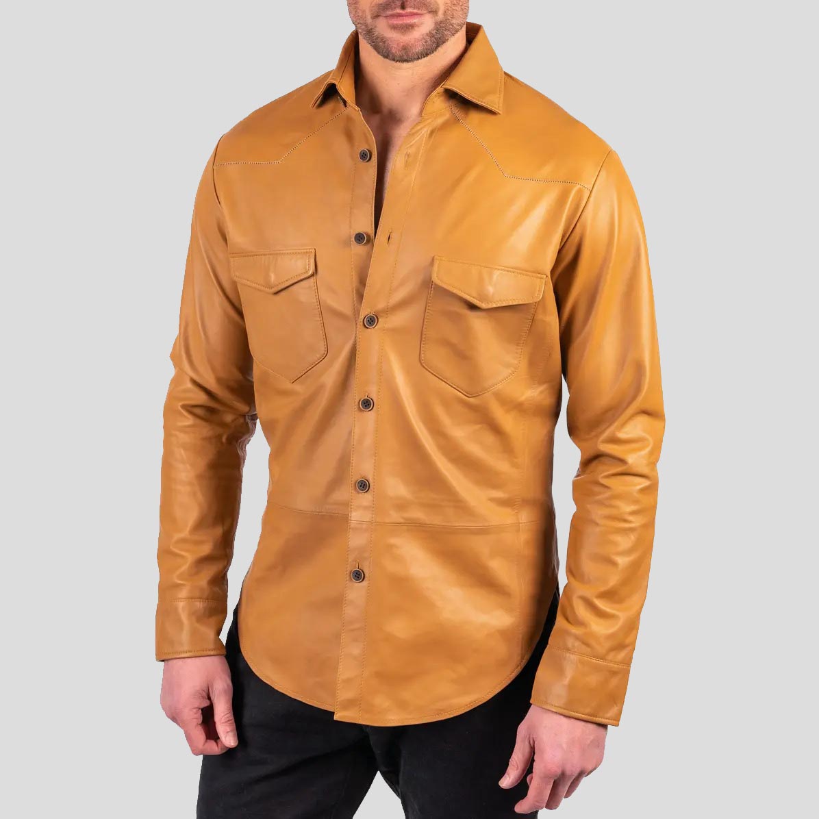 Men's Tan Brown Lambskin Leather Button-Up Shirt - AMSEL LEATHERS