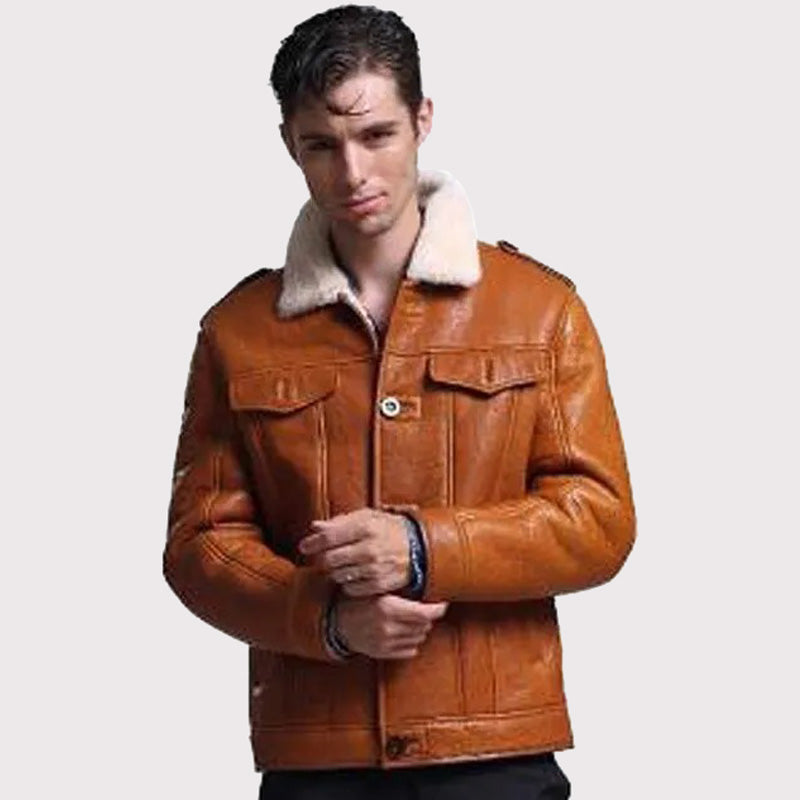 Men's Tan Sheepskin Shearling Pilot Coat - AMSEL LEATHERS